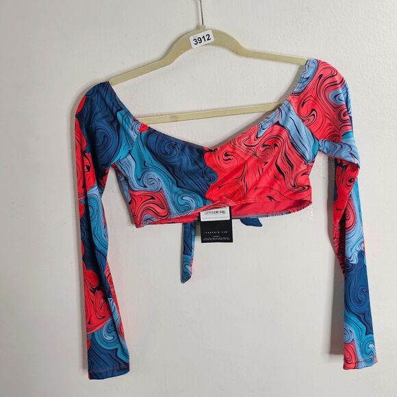 NWT Icon Swim Blue & Red Moment Like This Bikini Swirl Print Long Sleeve Top S - Picture 5 of 6
